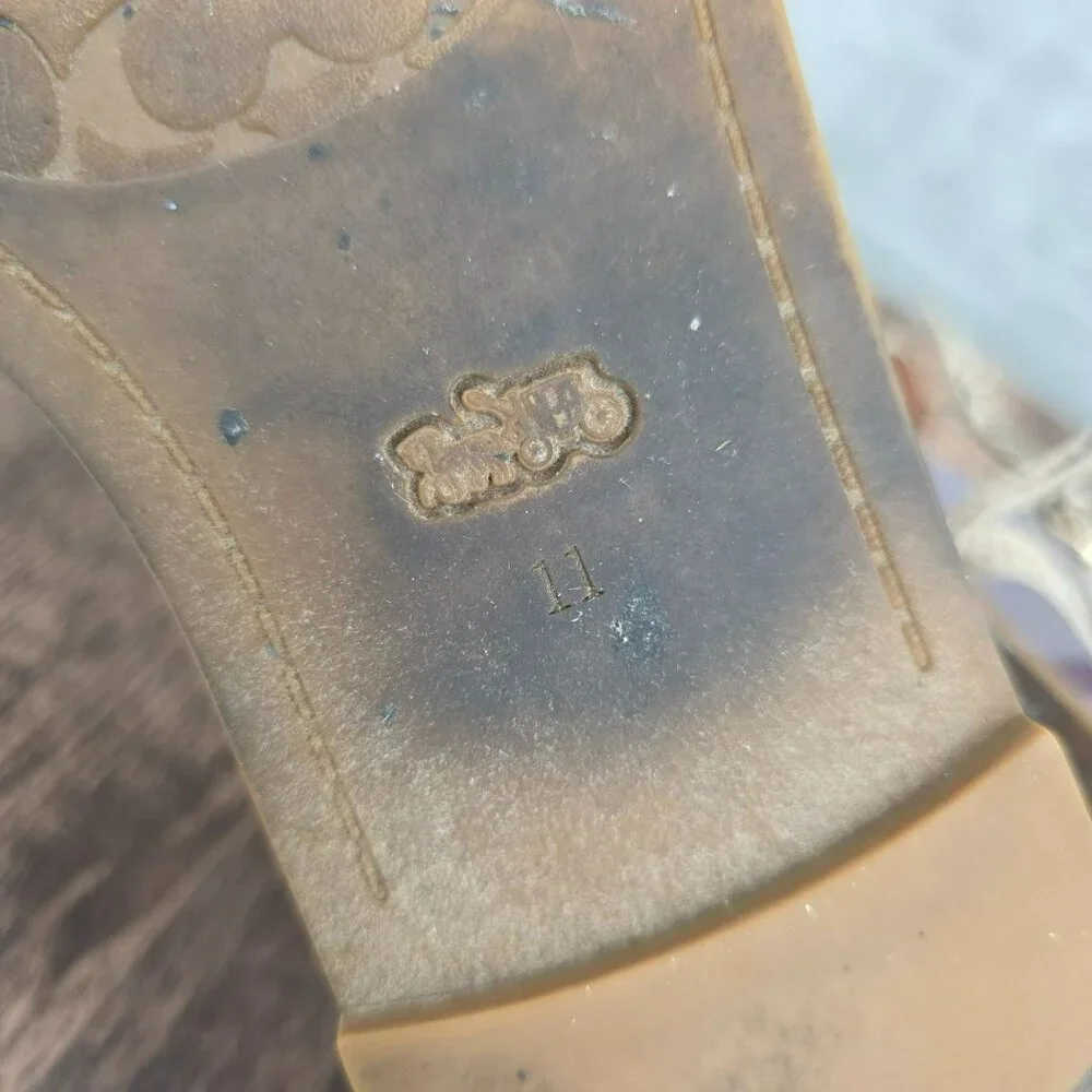 Coach Lydia T Strap Sandals 11 Snake Print Ankle Buckle Logo Strappy Flat Beachy